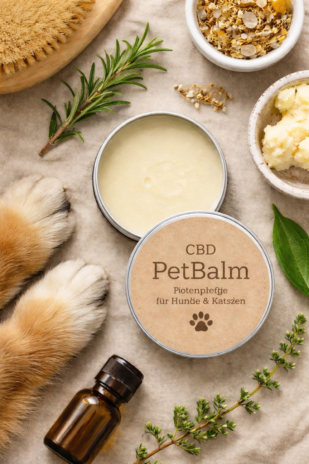 Geöffneter Pfotenbalsam für Hunde und Katzen mit sichtbarer Balsamtextur auf neutralem Untergrund
