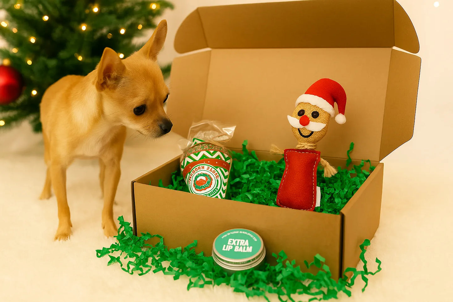 Geschenkbox_fuer_Hunde_mit_natuerlichen_Zutaten_inklusive_nachhaltigem_Spielzeug_Weihnachtssnacks_und_Pfotenpflege_liebevoll_verpackte_Merry-Woofmas_Box_fuer_Fellnasen_ideal_als_Weihn
