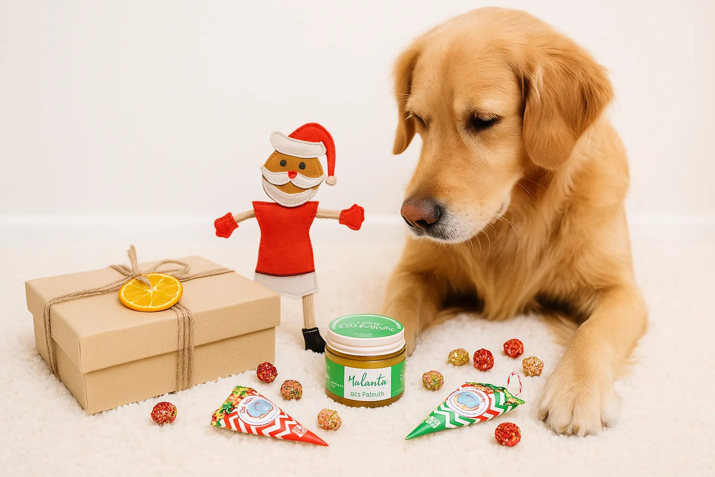 Große Merry-Woofmas Geschenkbox für Hunde (Box L) mit natürlichen Snacks, festlichem Spielzeug und Pfotenbalsam – präsentiert neben einem Golden Retriever, ideal als nachhaltiges Weihnachtsgeschenk für große Fellnasen.