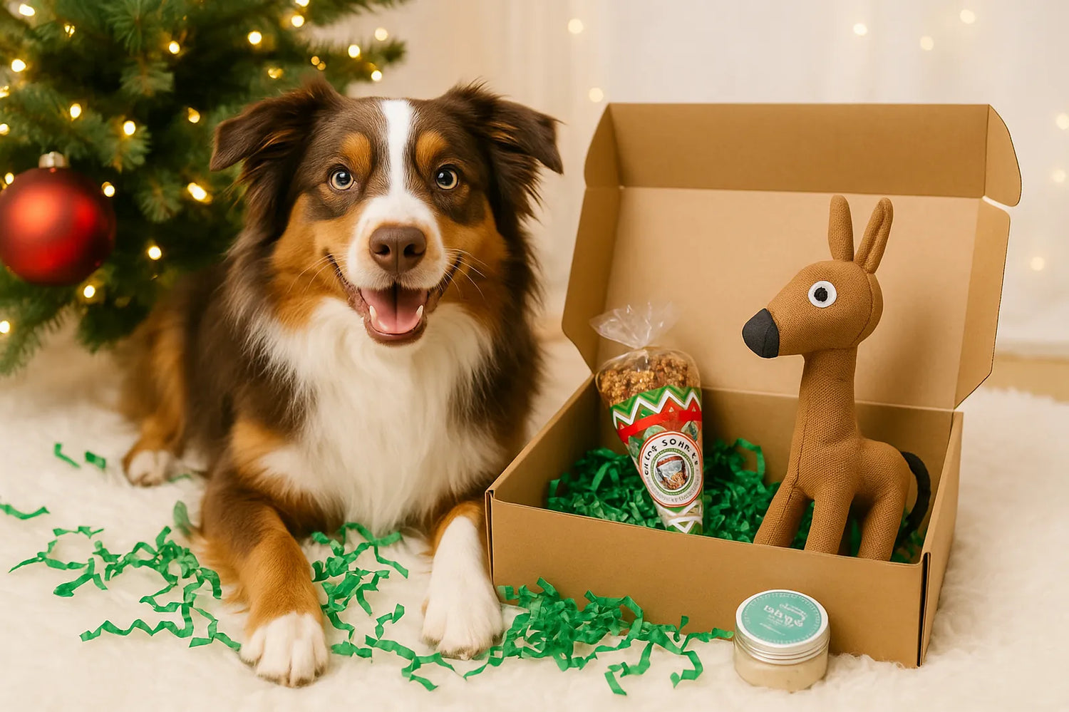 MerryWoofmasBoxfuerHunde_GroesseM_mitnachhaltigemHundespielzeug_Weihnachts-SnacksundPfotenbalsam_FeedandFriendsGeschenkboxfuerFellnasen.