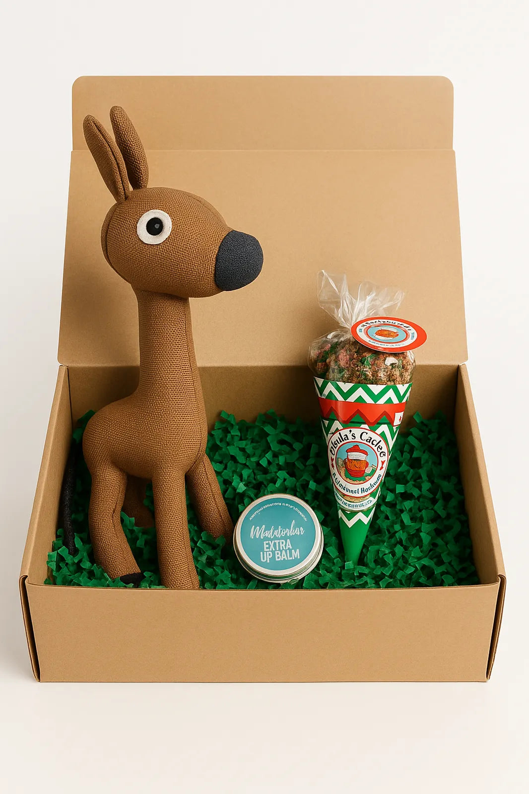 Merry_Woofmas_Box_fuer_mittlere_Hunde_mit_Stofftier_weihnachtlichem_Hundesnack_und_natuerlichem_Pfotenbalsam_liebevoll_verpackt_in_einer_Geschenkbox_mit_gruenen_Papierschnipseln_von_F