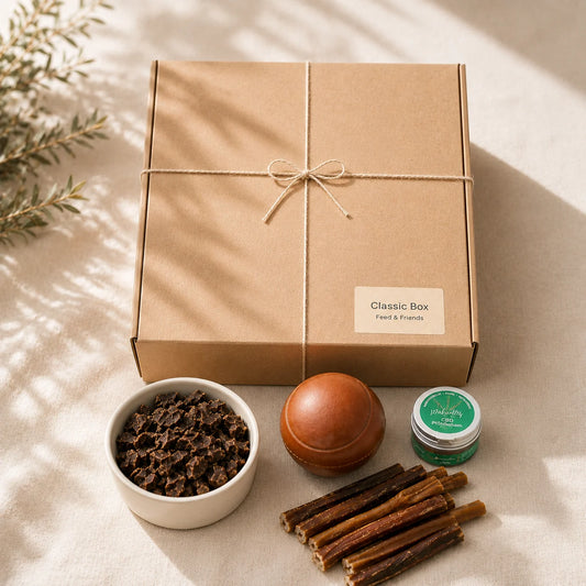 Feed & Friends Classic Geschenkbox für Hunde mit natürlichen Snacks und Beschäftigungsspielzeug