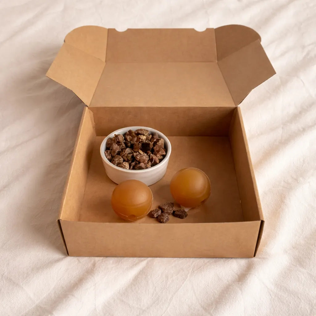 Geöffnete Hundebox mit natürlichem Snack und zwei befüllbaren Bällen