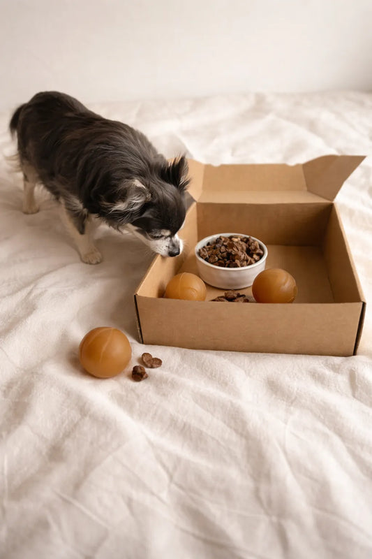 Kleiner Hund beschäftigt sich mit Snackbox und Futterspielzeug zur ruhigen Auslastung