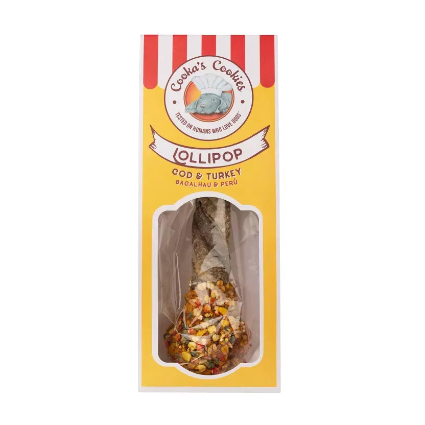 Kabeljau- und Puten-Lollipop Hundesnack in der Verpackung, 30 g