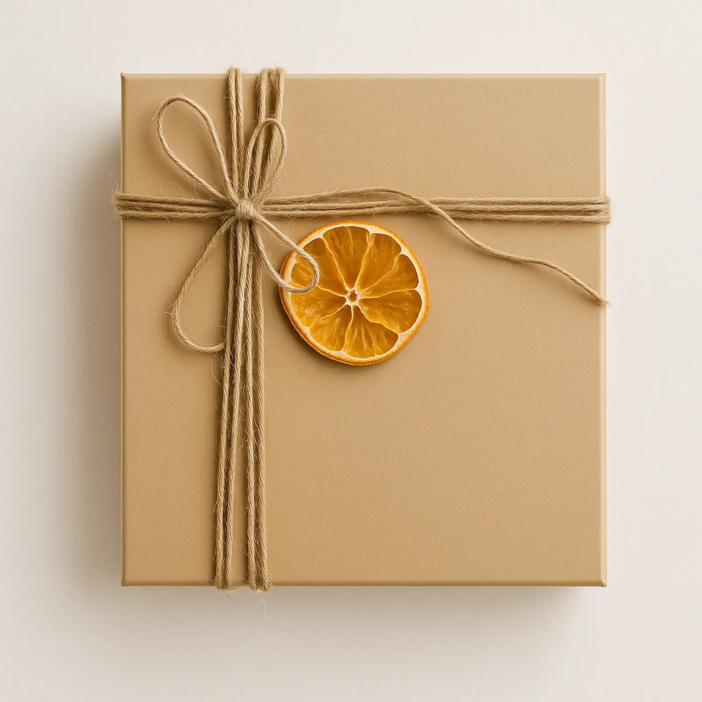 Nachhaltige Geschenkbox aus Kraftpapier, liebevoll verpackt mit Juteschnur und getrockneter Orangenscheibe – ideale umweltfreundliche Geschenkverpackung für Hundeprodukte von FeedandFriends.“